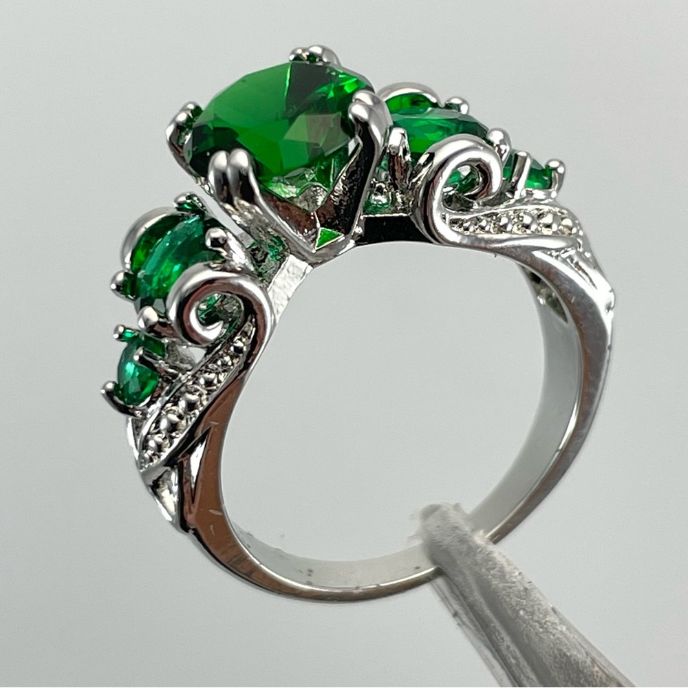 Silver Emerald Green CZ 5 Stone Ring Round Cut Statement Band